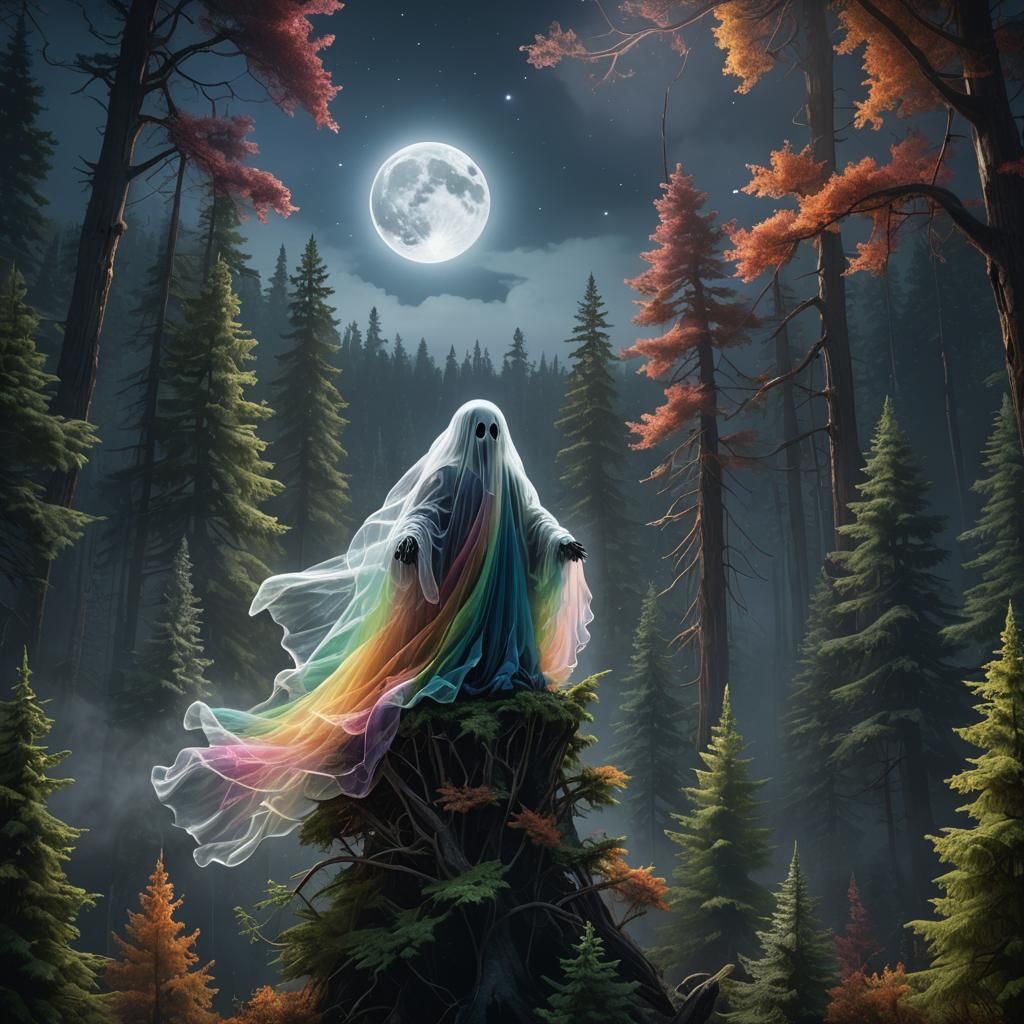 A rainbow transparent tulle ghost floating in front of a full moon over an evergreen forest  by @hawk xbox an meme lord