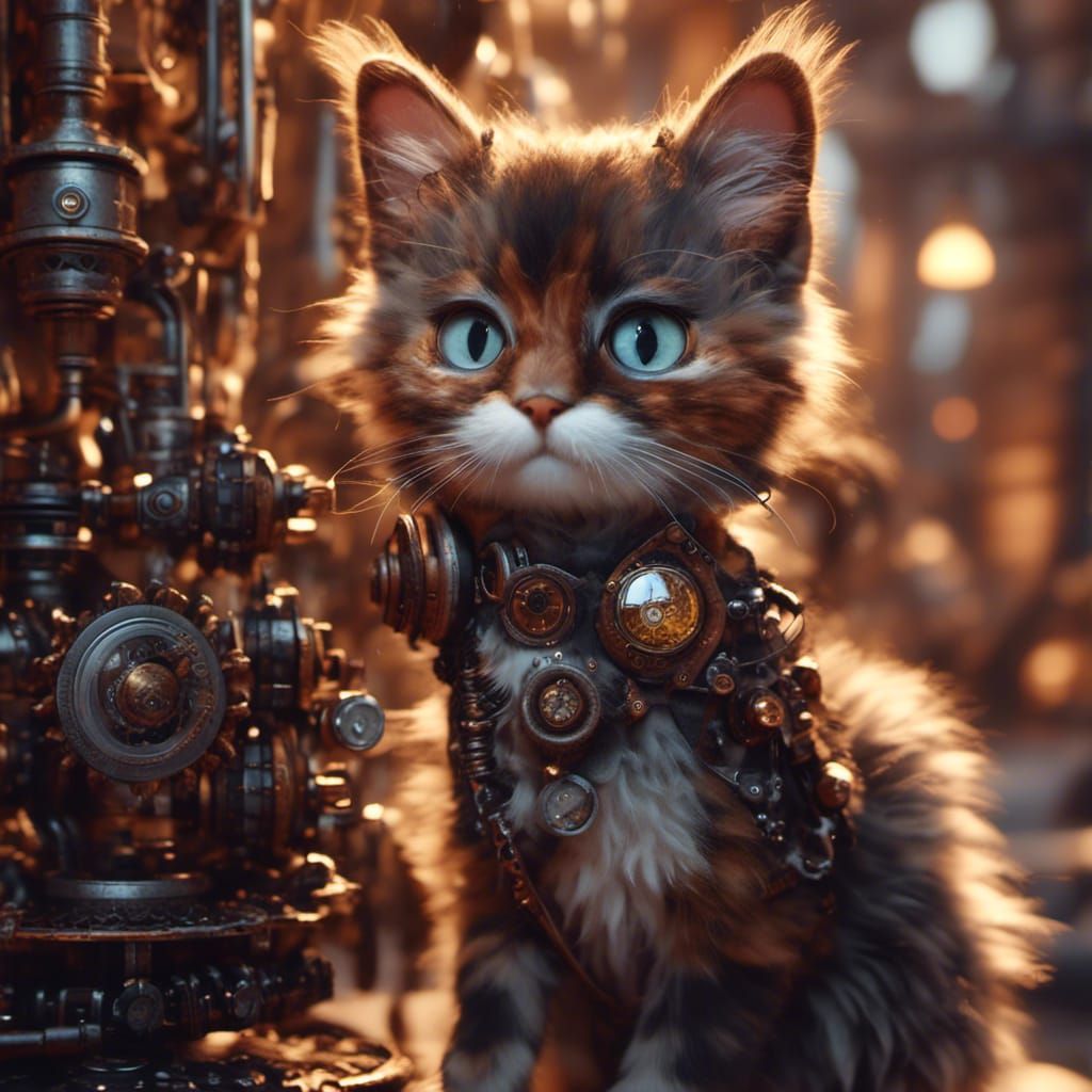 <lora:Steampunk Madness:1.0> A steampunk robotic adorable fluffy calico kitten wondering in a steampunk city, the scene is filled with beaut...