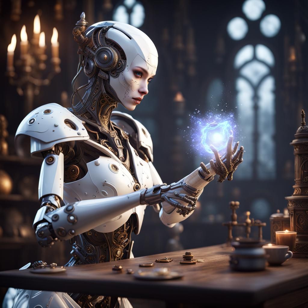 female, robotic, warforged, white porcelain doll, wizard doi...