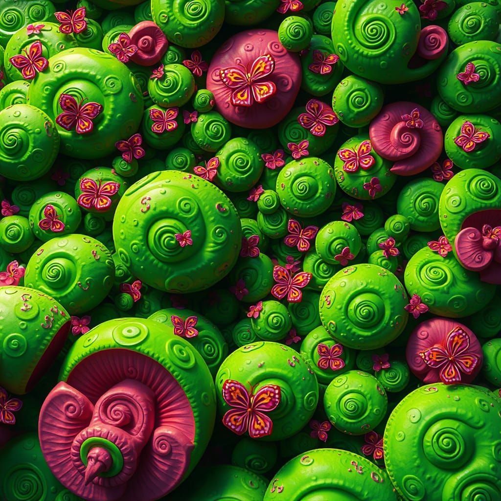 Dreamlike Scene of Swirling Green Forms in Vibrant Colors
