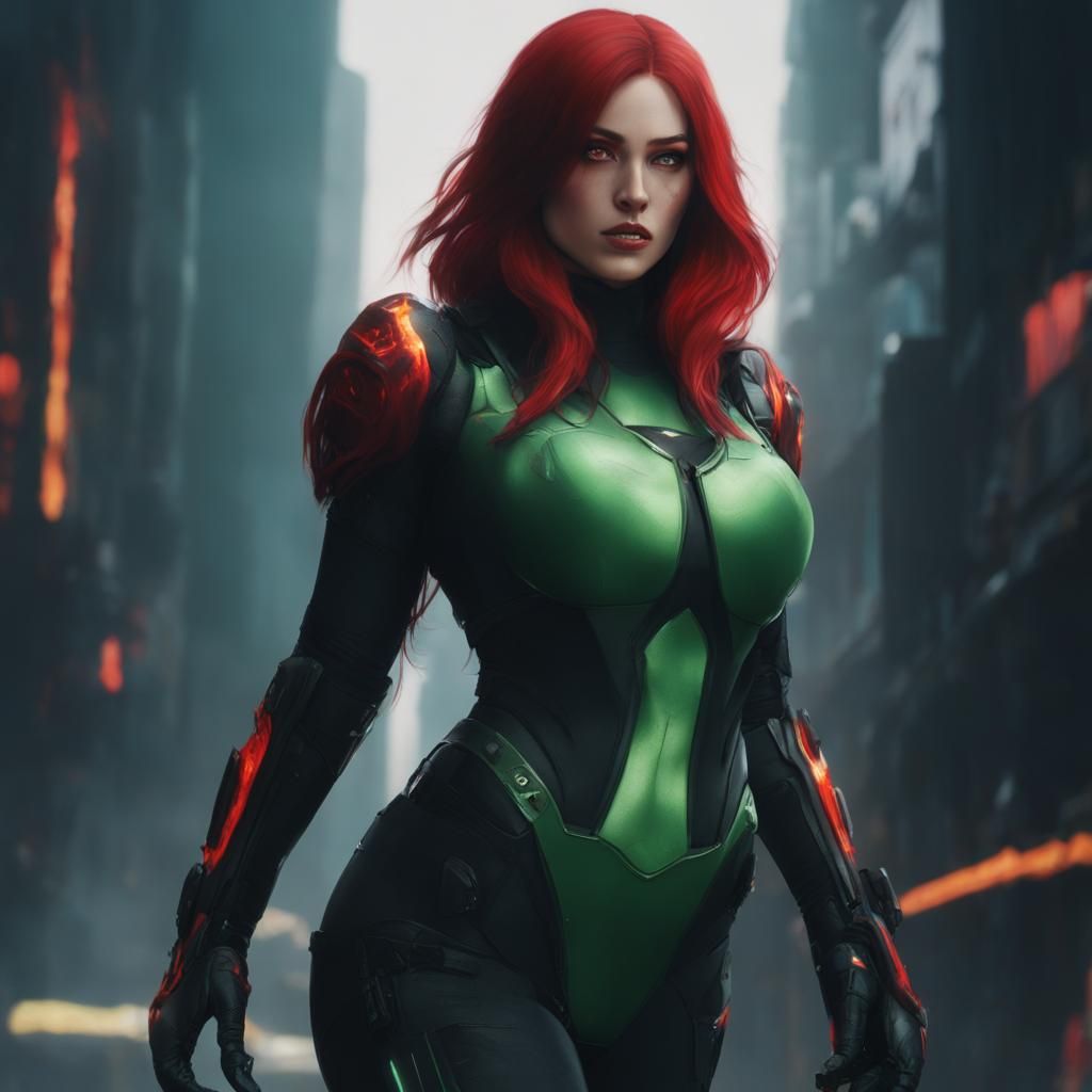 dark red hair, girl, with green eyes, in black and red flami...