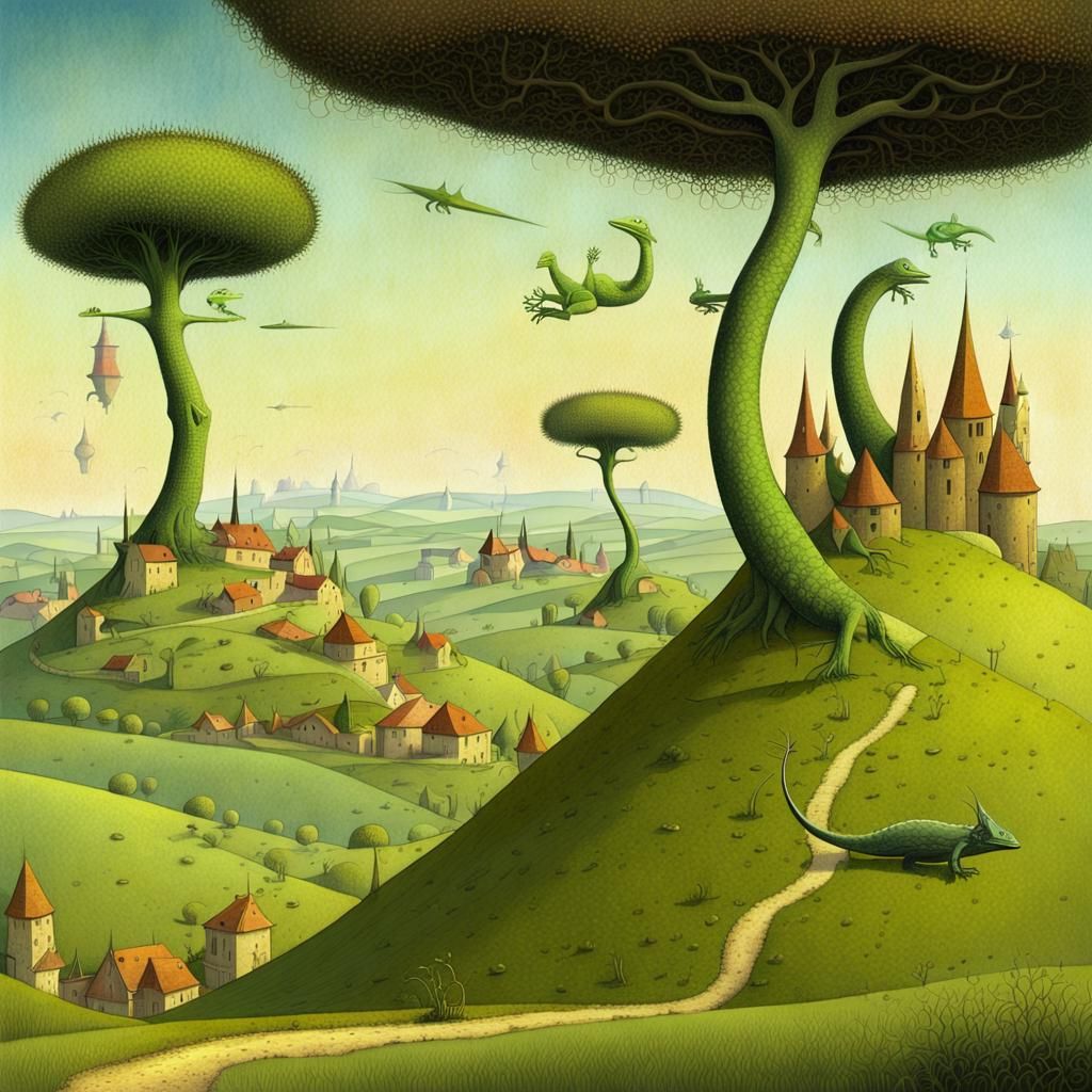 Surreal hilly landscape with trees, farms and lizards by Ged...