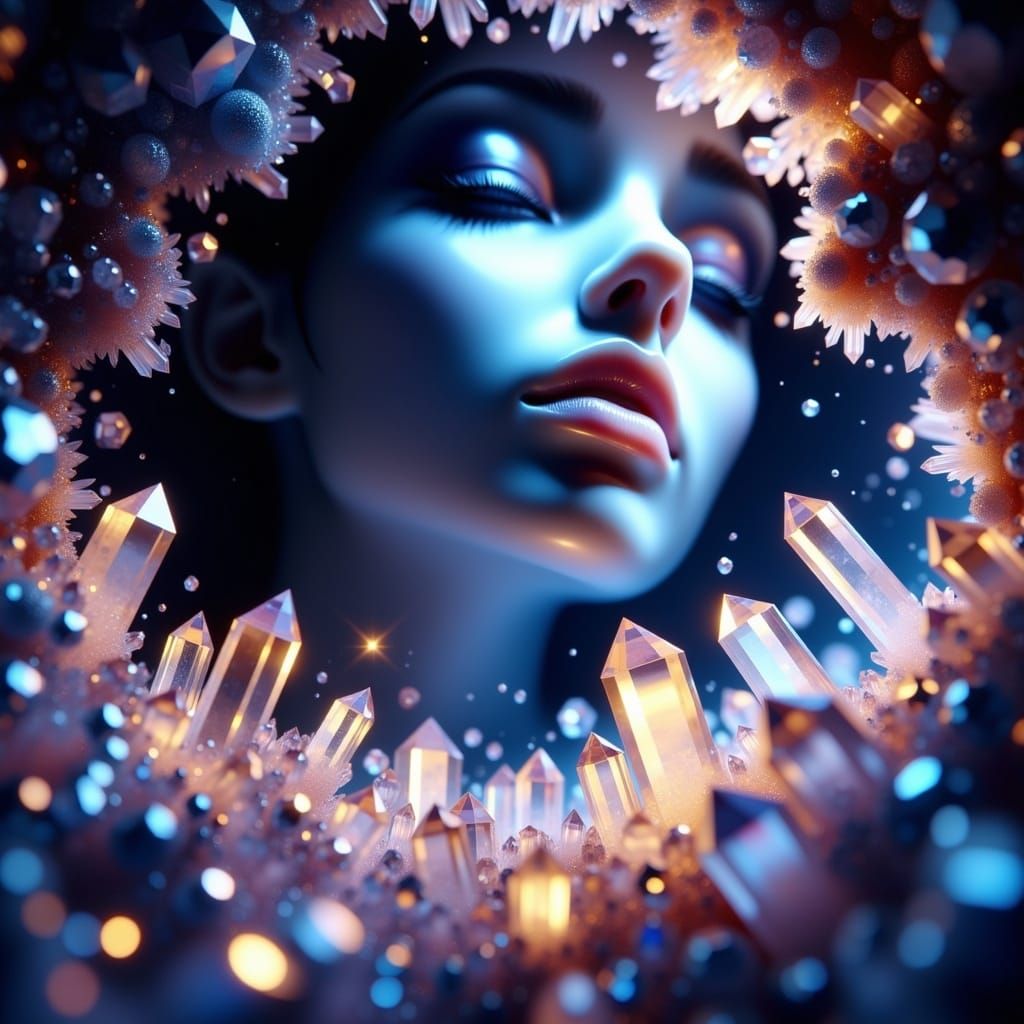 <lora:Crystallize:1.0>; a stunning photo realistic; a small dark cave  surrounded by colorful crystals; a beautiful blue faced womans face;...