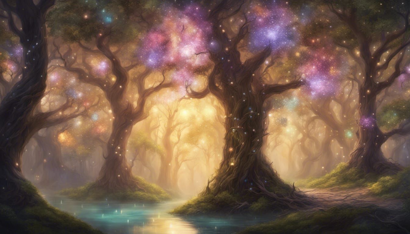 In a dark, enchanted forest, a young woman stands amidst ethereal lights  casting ghostly glows, with a sky of brooding clouds and shimmering - AI  Generated Artwork - NightCafe Creator