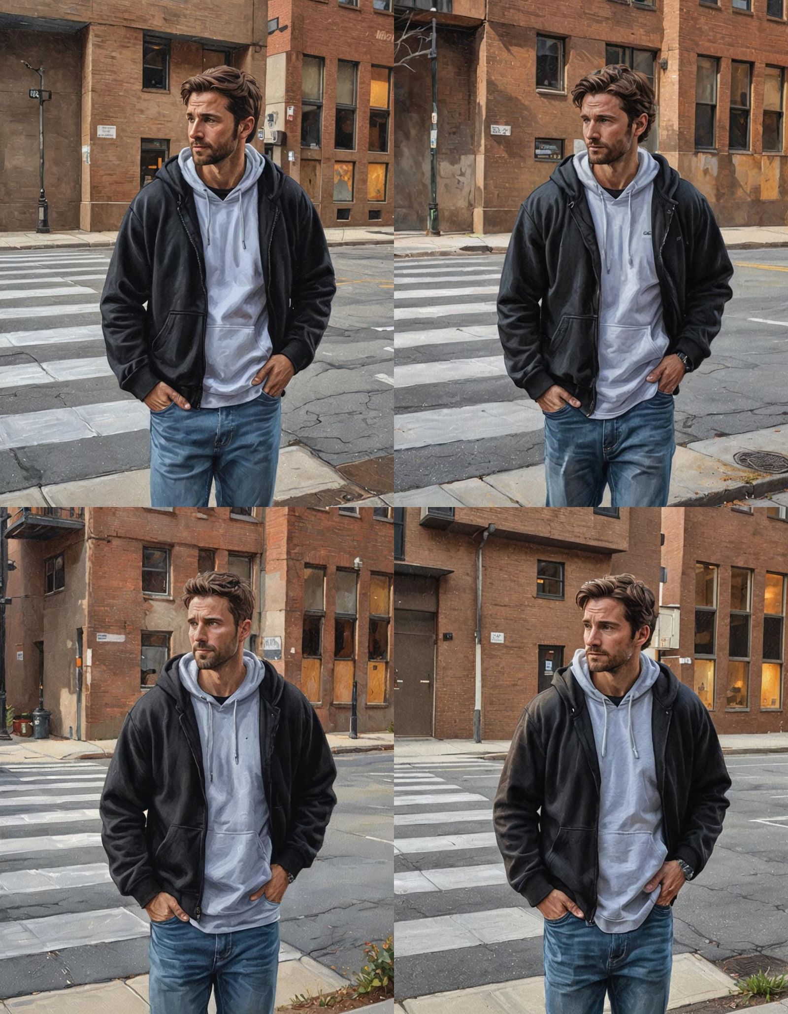 A Canadian man in his 30s, black zip down hoodie, white t sh...