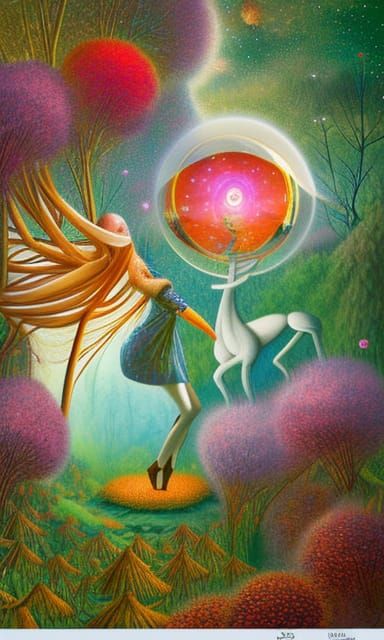woman-deer hybrid on stargazing platform with rotating spher...