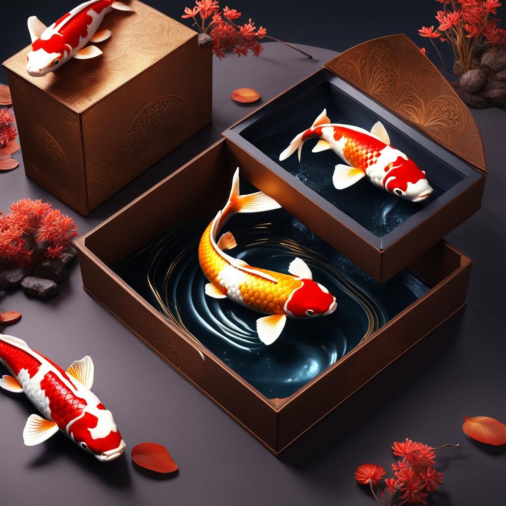 3 chocolate koi fish in the box . The inside of the box is l...