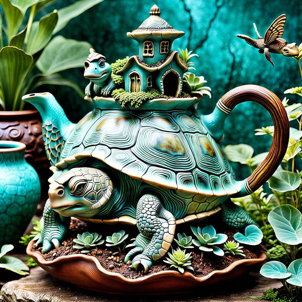 Huge eccentric Turtle Clay Teapot; Fairy Garden emerging from the Turtle teapot; imaginative, cinematic, ...  by @Tito