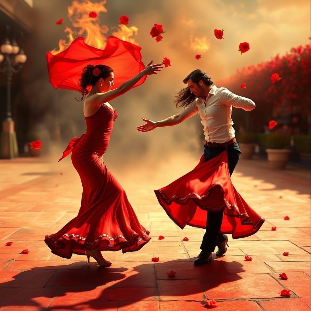 Fiery flamenco dancers dancing mid-spin, red dress flaring, roses flying, passion blazing 💃🌹🔥💋🎶🇪🇸