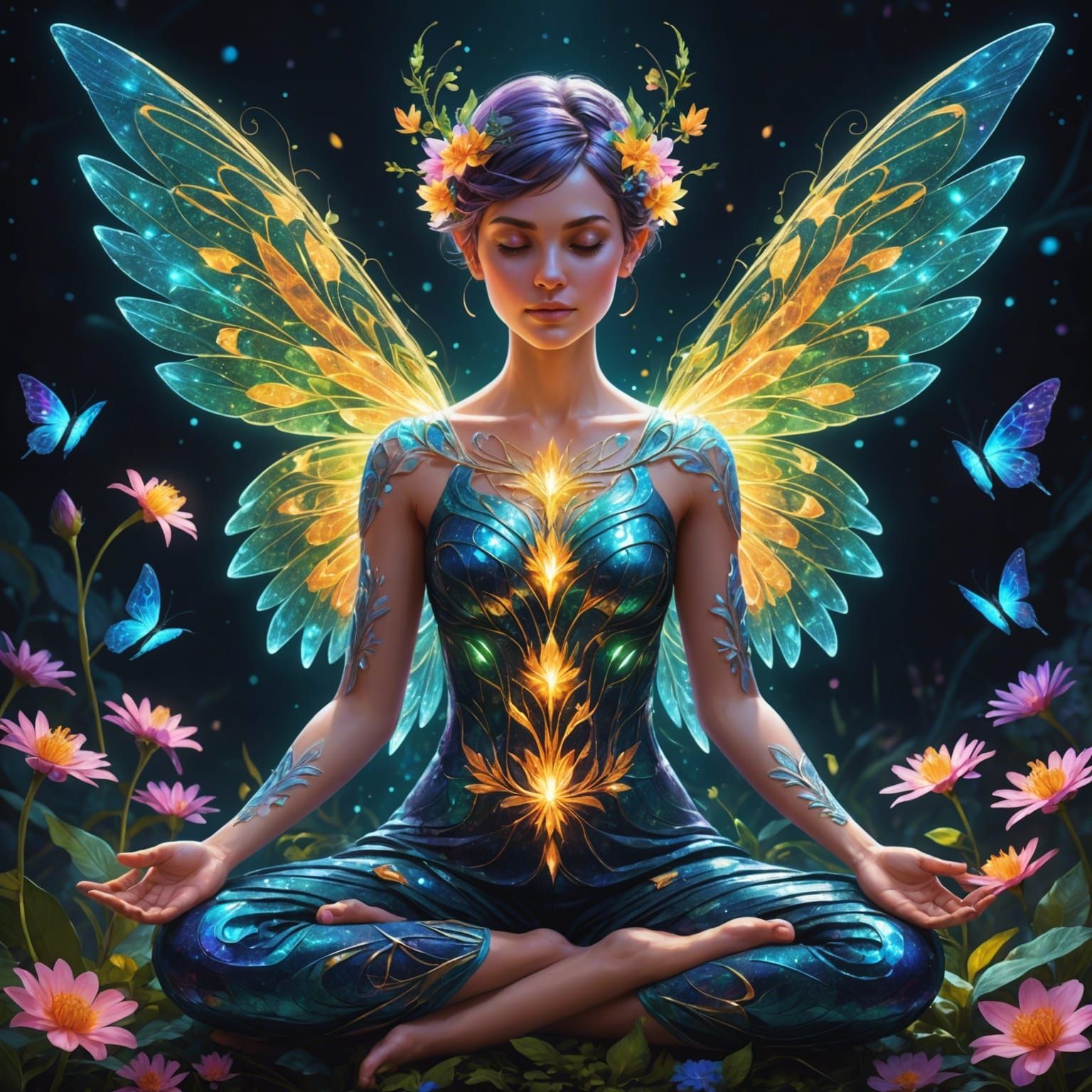 full portrait of a meditating pixie-cut female figure with s...