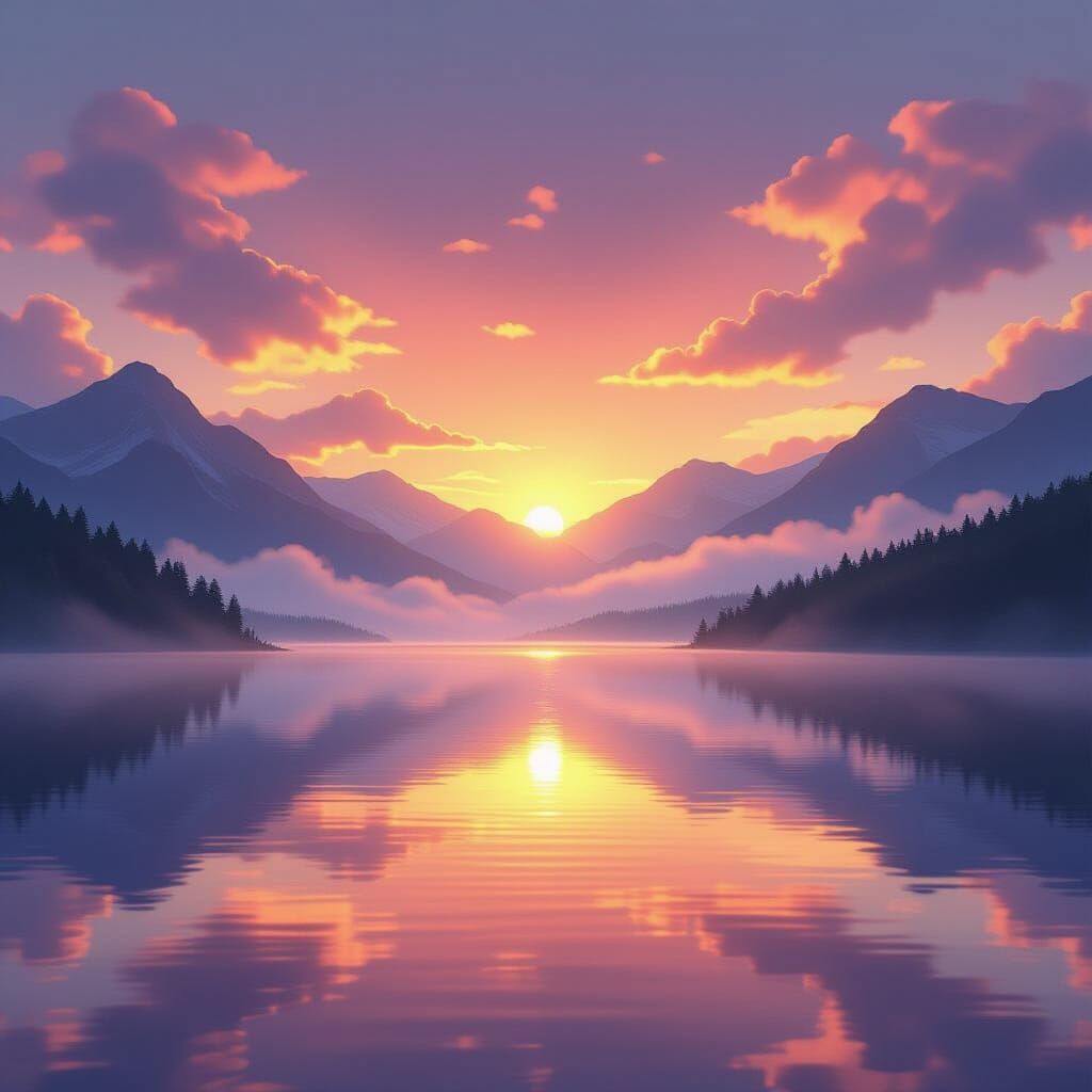 Mystical Mountain Lake Sunset in Dreamy Style