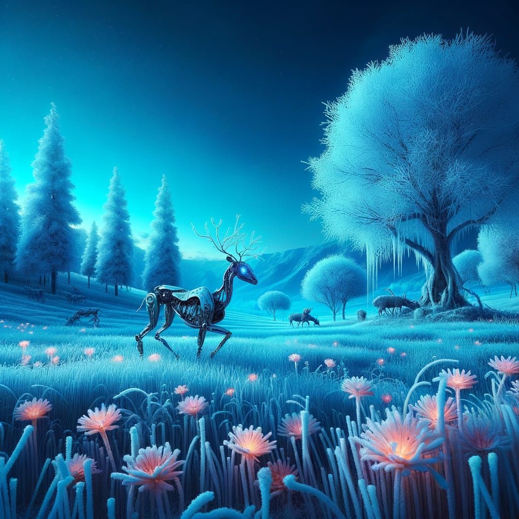 Frost-covered trees shimmer under turquoise twilight sky.
A mechanical deer roams through glowing sapphire snow.
Frozen flowers bloom in fie...