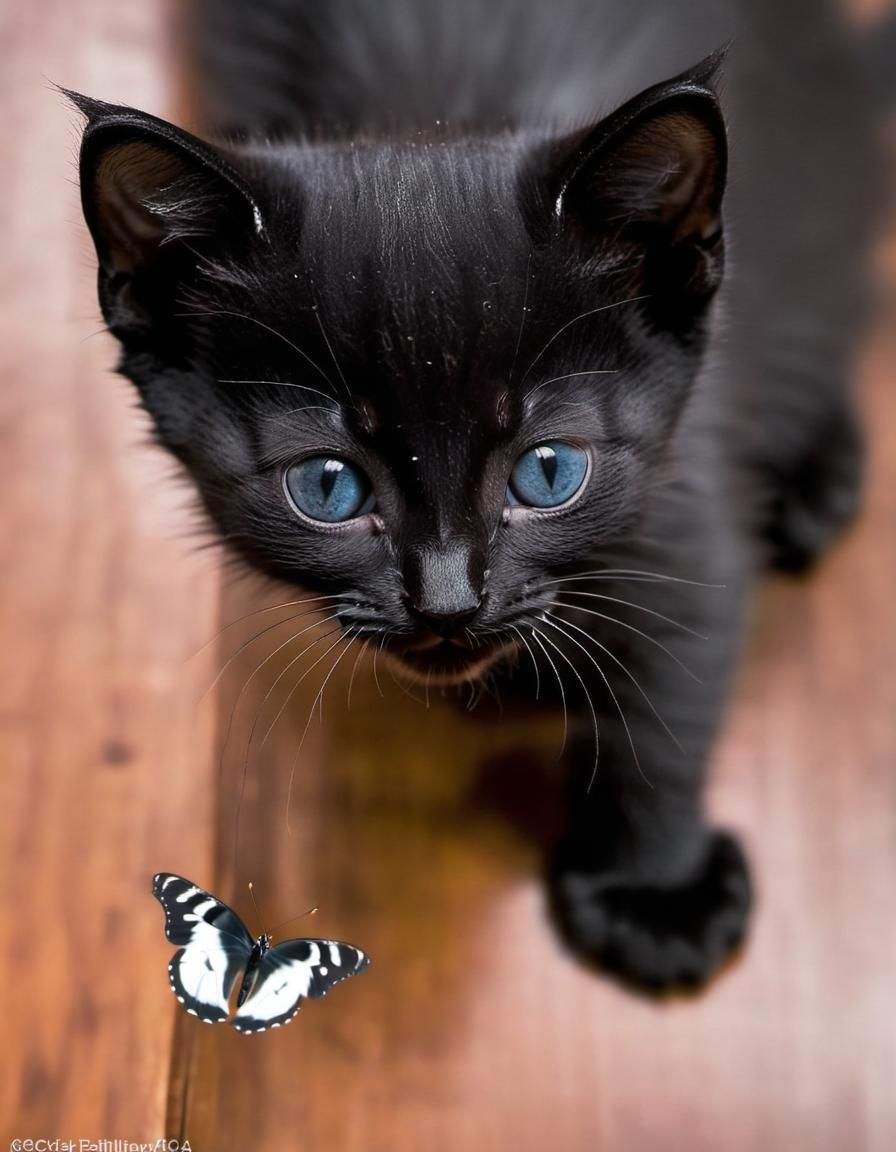 Beautiful black kitten poised with a white butterfly on its ...