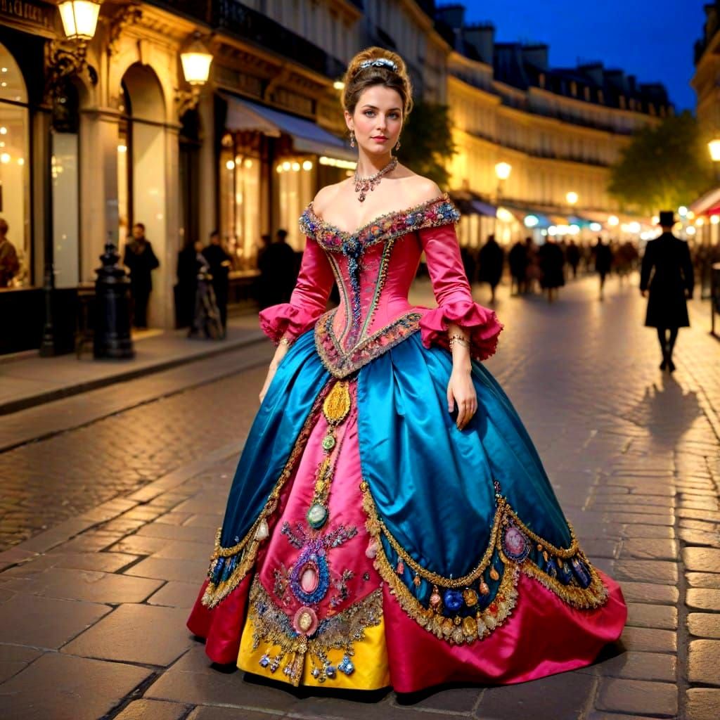 Glamorous 1875 Parisian Enchantress on Evening Stroll