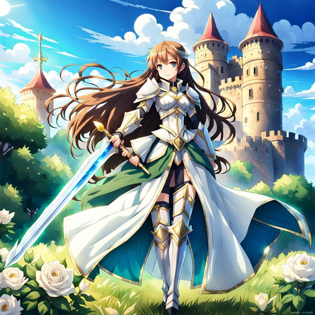 Full body female knight in perfect figure with long brown ha...
