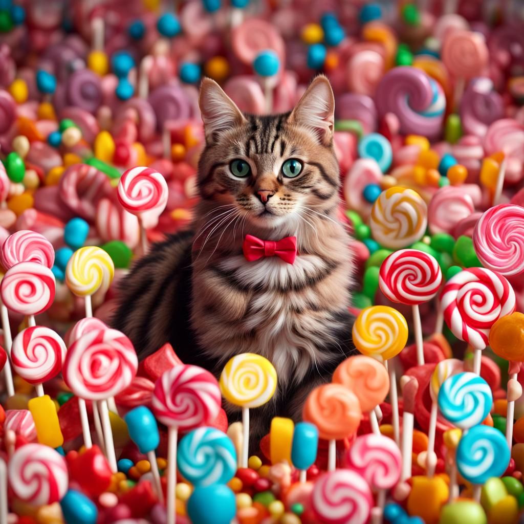 A cat made out of candy in a lollipop forest, 64k resolution, a ...