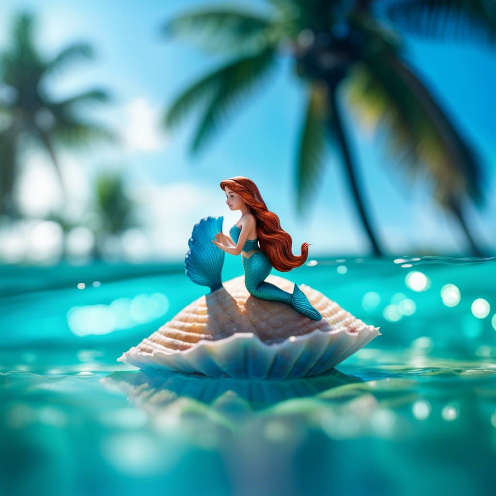 ttle Mermaid on a seashell swimming through vivid aquamarine...