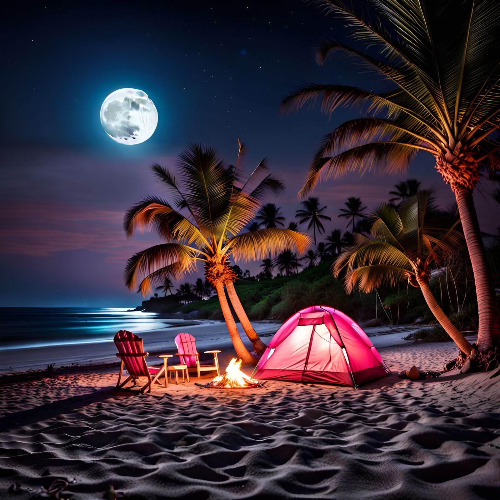 a beautiful camping spot on the beach with a pink tent and chairs with pretty seashells in the sand and ...  by @Patsy 