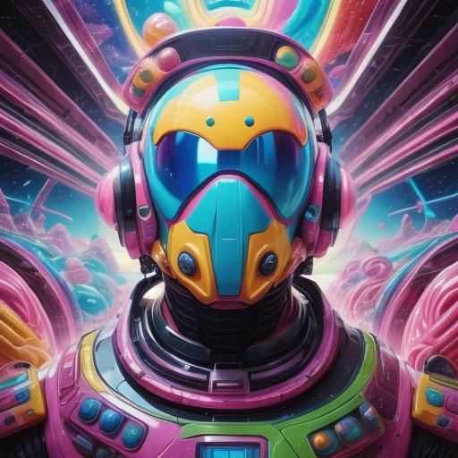 <lora:Bonbon Panic:1.0> Scene from a scifi movie called "I have no mouth, and I must scream". Candy art style! Whimsical playful colorful! c...