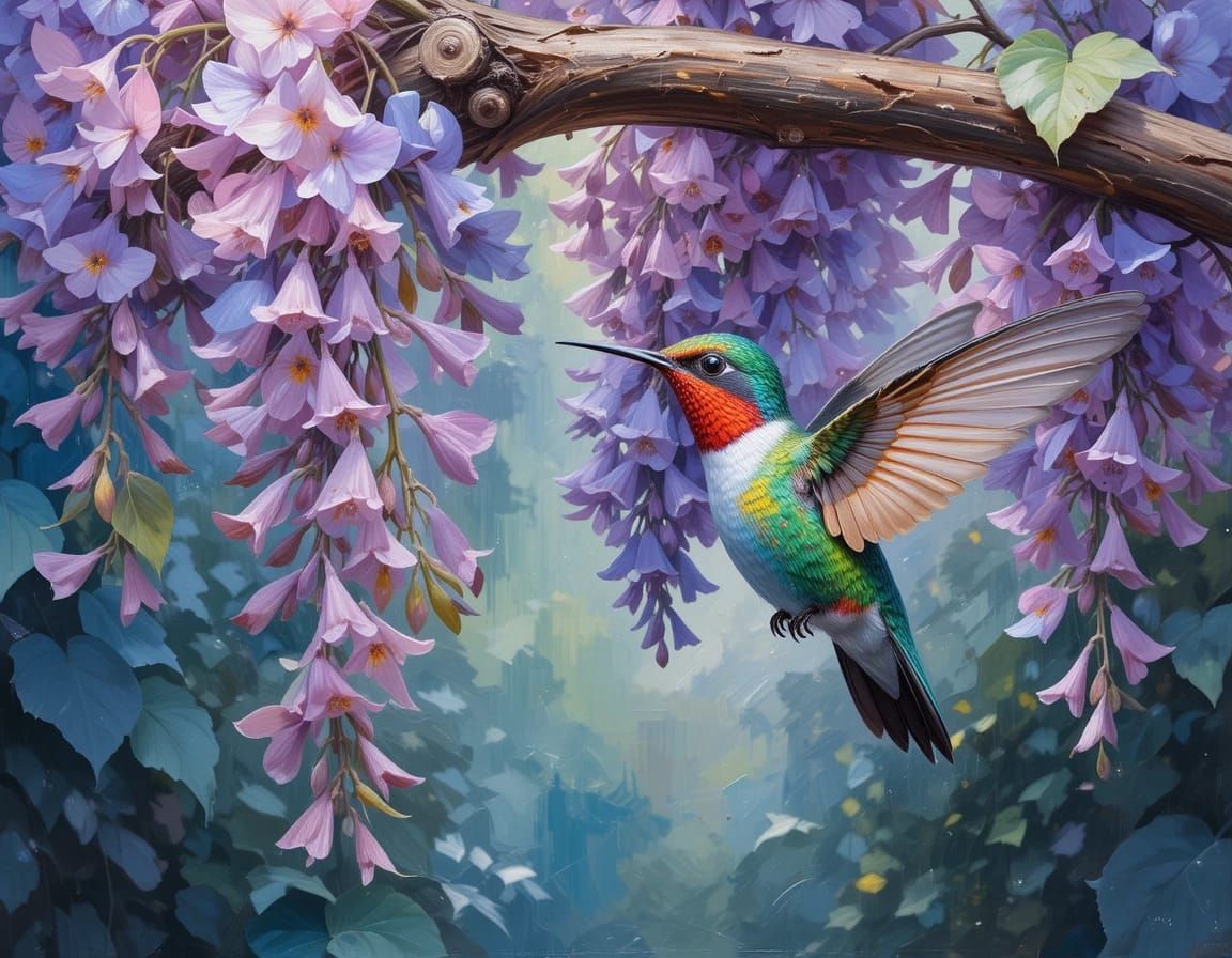 Hummingbird feasting on a cluster of wisteria flowers