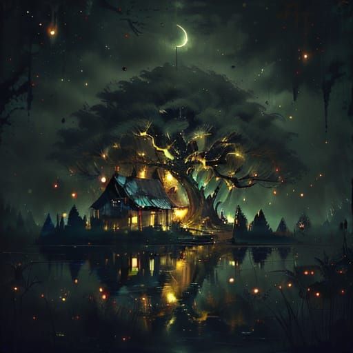 Moody Dark Fantasy Swamp Scene with Shrek