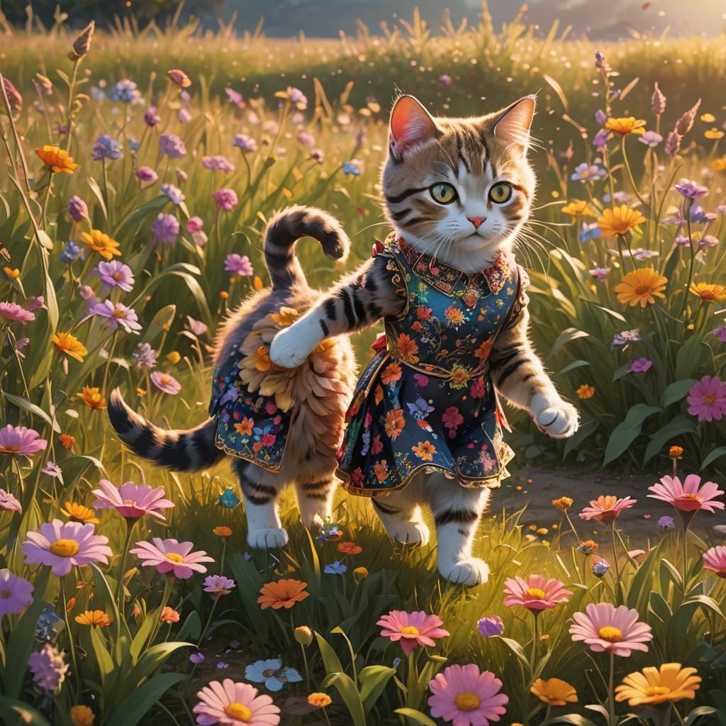 Cat Picking Flowers in Field: Digital Art