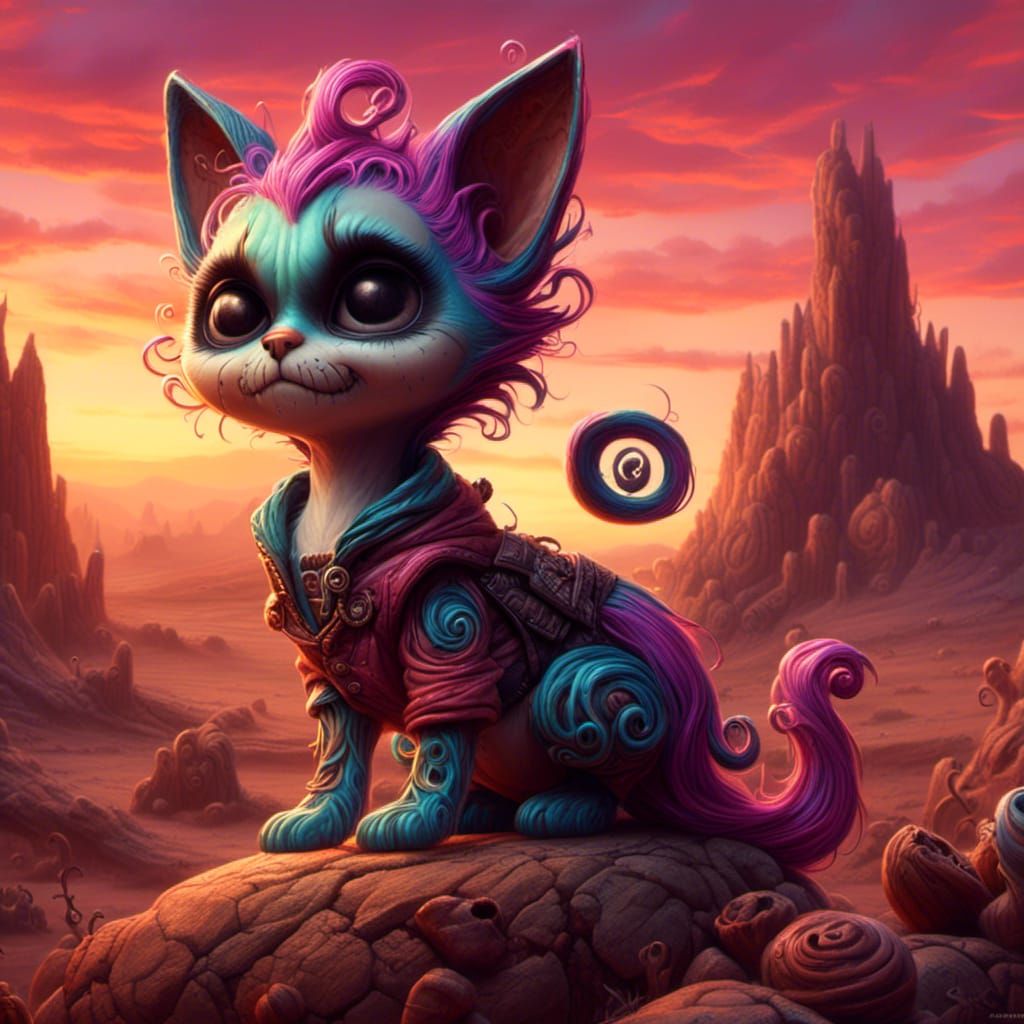 <lora:Jack Snailington:1.0> A Grumpy Kitten sitting on a rock, stunning desert sunset. Endless landscape view.