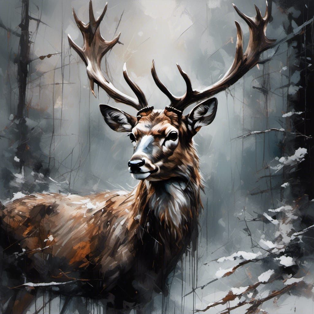 Ghostly deer in a snowy wood <lora:Snowfall:1.0> dark matte background