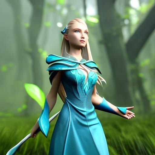 fairy with blond hair made of leaves, green eyes, wearing a ...
