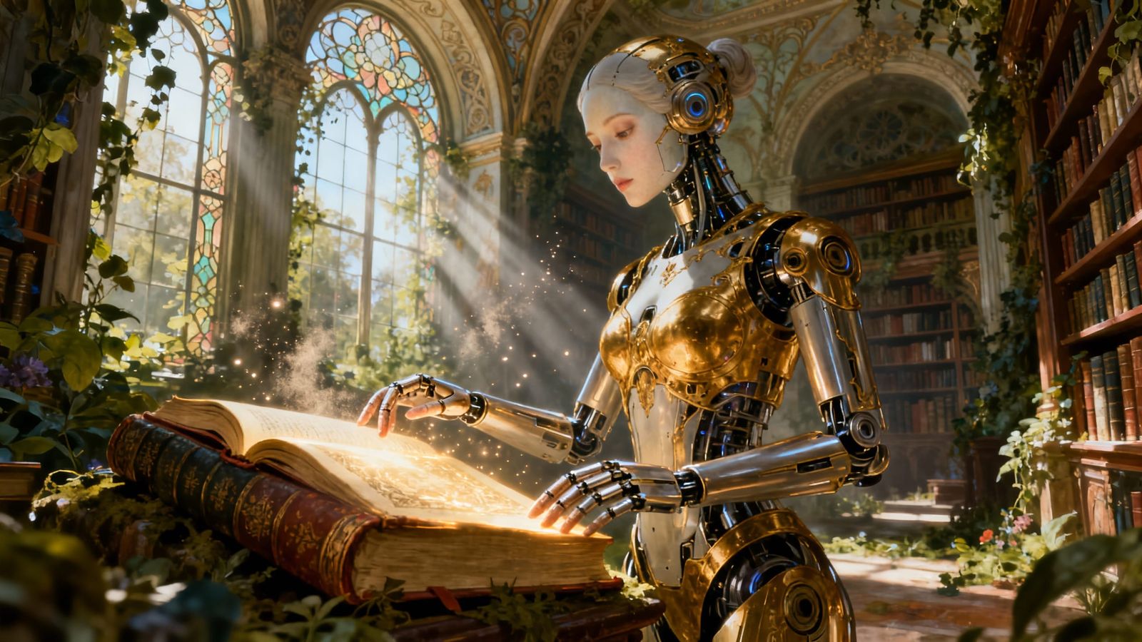 A lone, beautiful futuristic female intricately detailed robot stands in a vast, overgrown hyperdetailed ...  by @Lennis