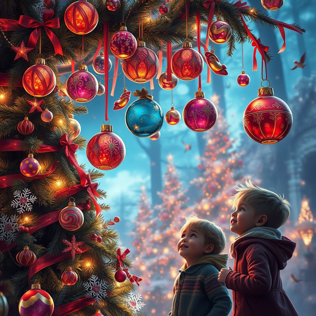 Am beschmückten Tannenbaum hängen bunte grosse Glaskugeln be...