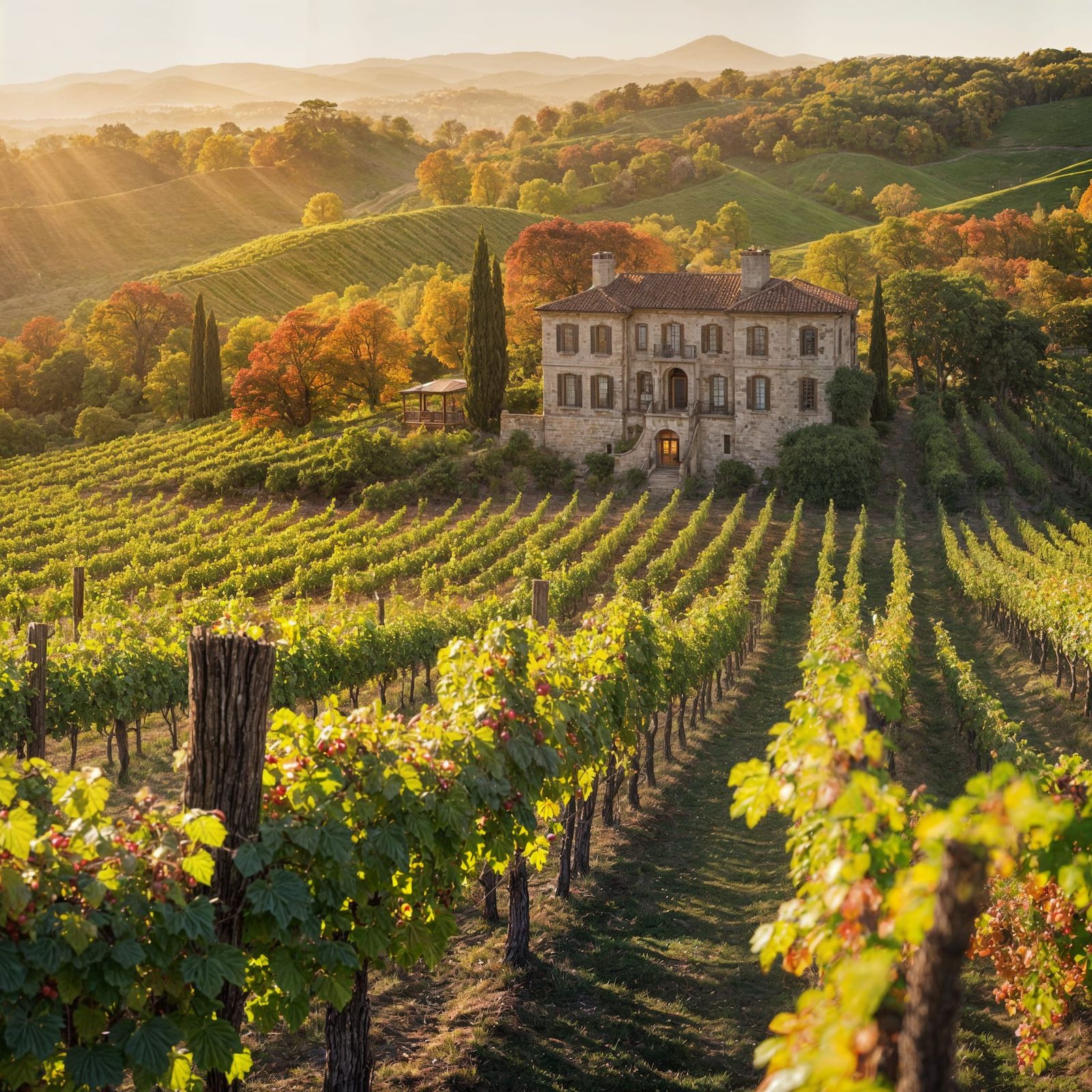 A breathtaking hyper-realistic aerial view of an autumn vineyard at dusk, where golden sunlight brushes ...  by @n0remedie