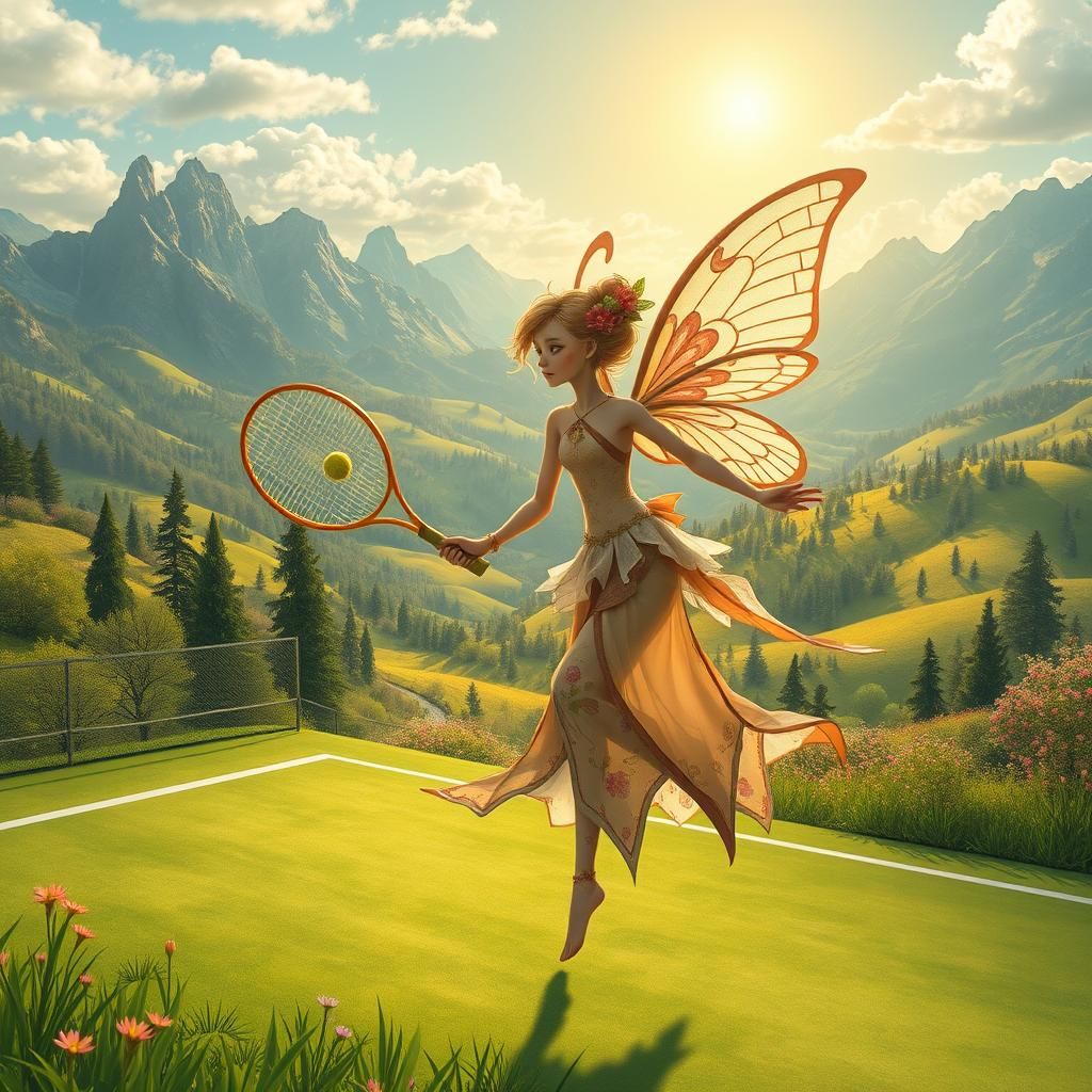 Whimsical Fairy Plays Tennis in Dreamy Landscape