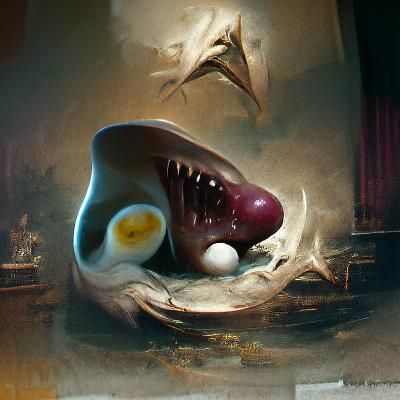 Egg with a chicken face in a sharks mouth playing piano