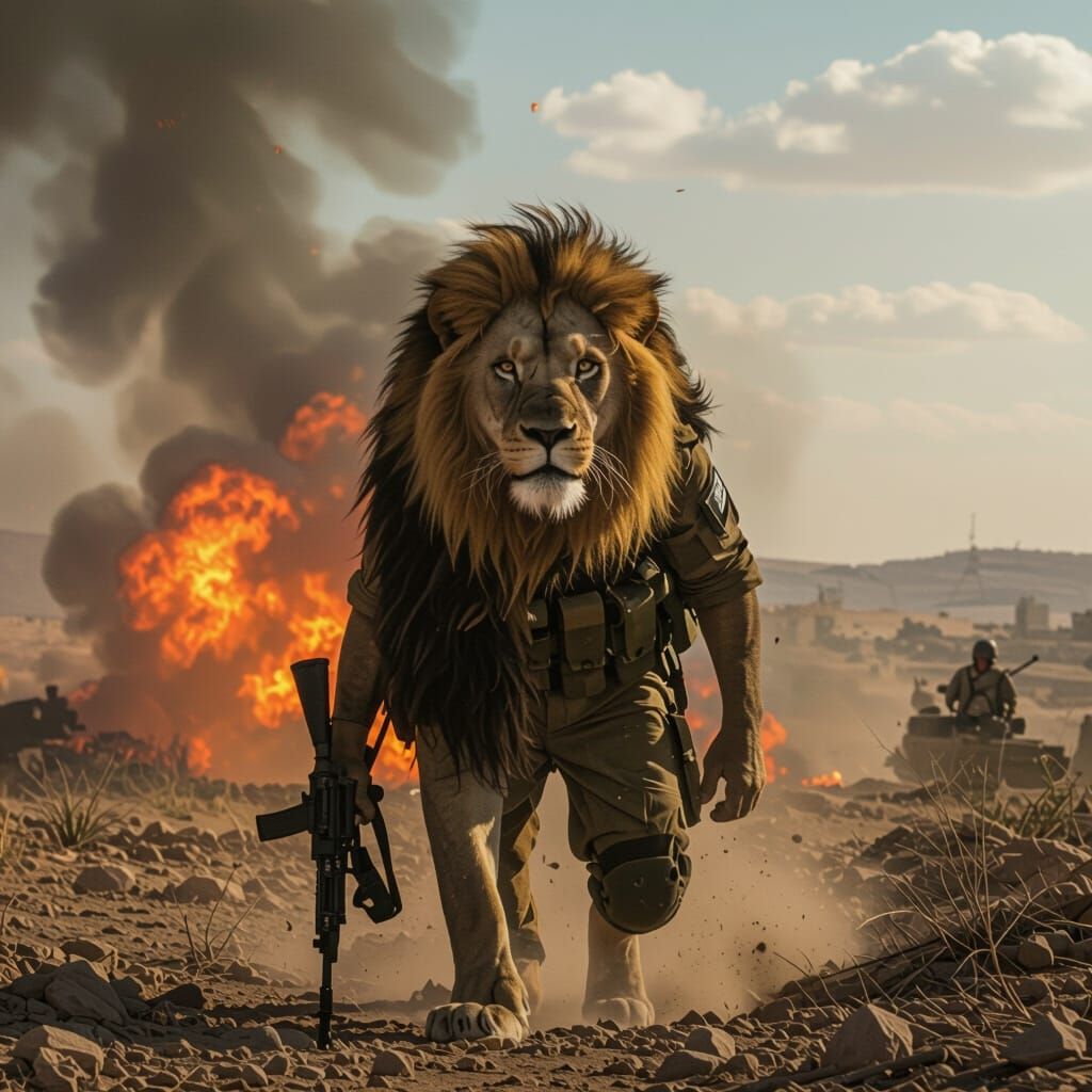 Victorious Lion Soldier in War Landscape: Cinematic Film Sti...