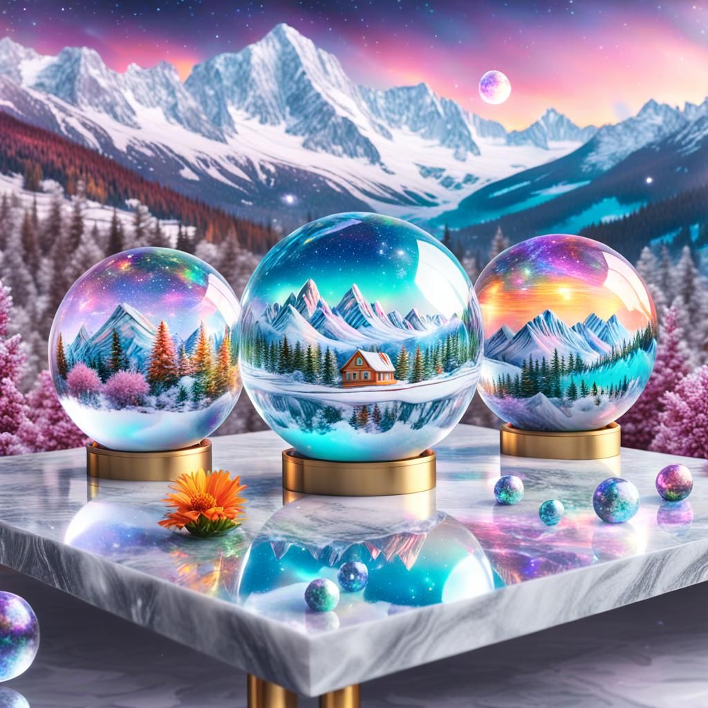 Magical Crystal Balls Reflecting Fantasy Worlds