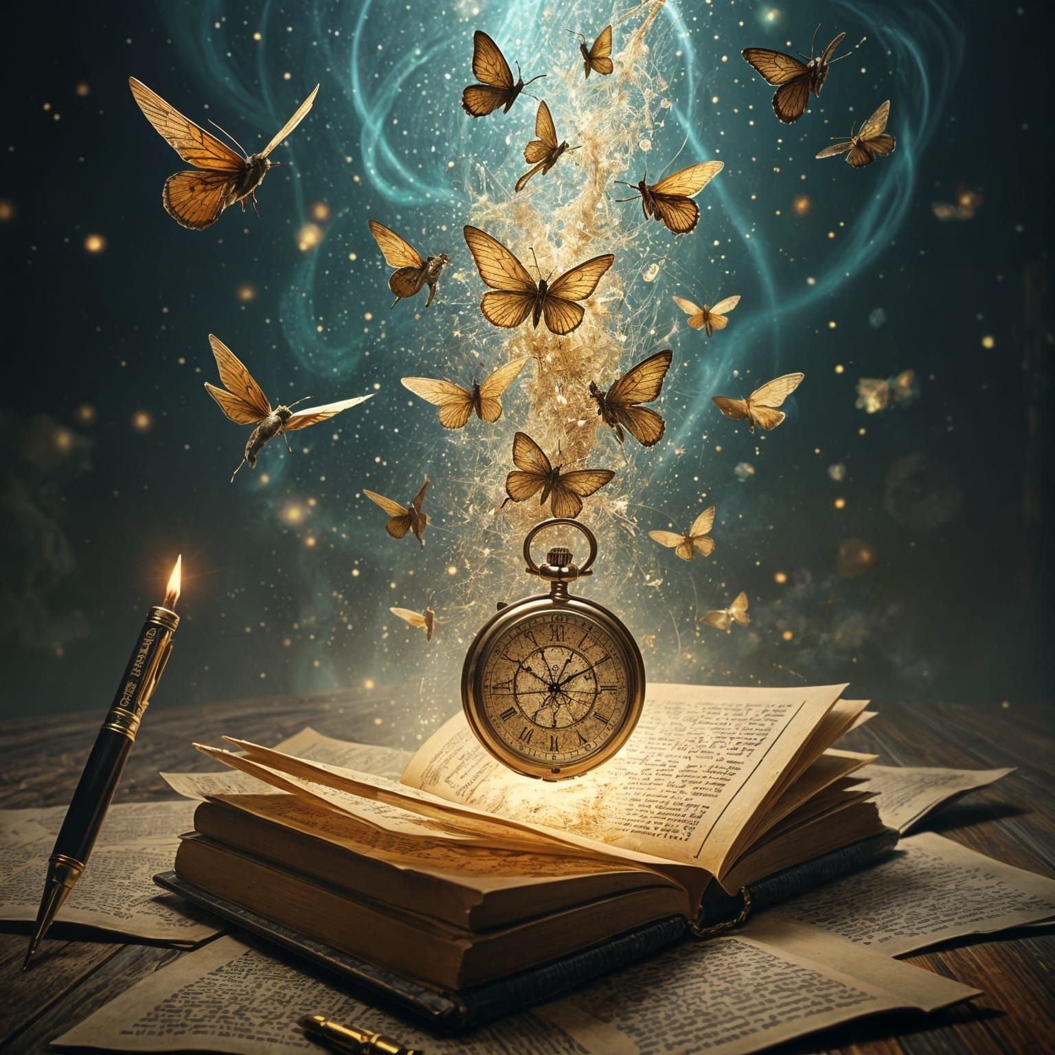 "A floating collection of artifacts suspended in a timeless void - vintage books with pages transforming into fluttering moths, an old brass...
