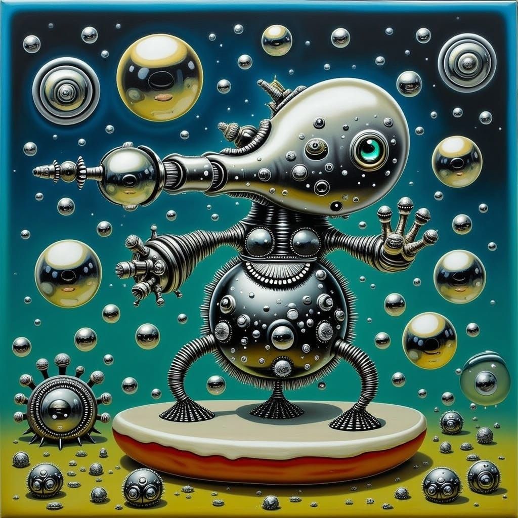 <lora:FERROFLUID FACTORY:1.0> Dainty whimsical robot blowing...