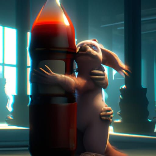 Dog getting hugged by sentient kethup bottle