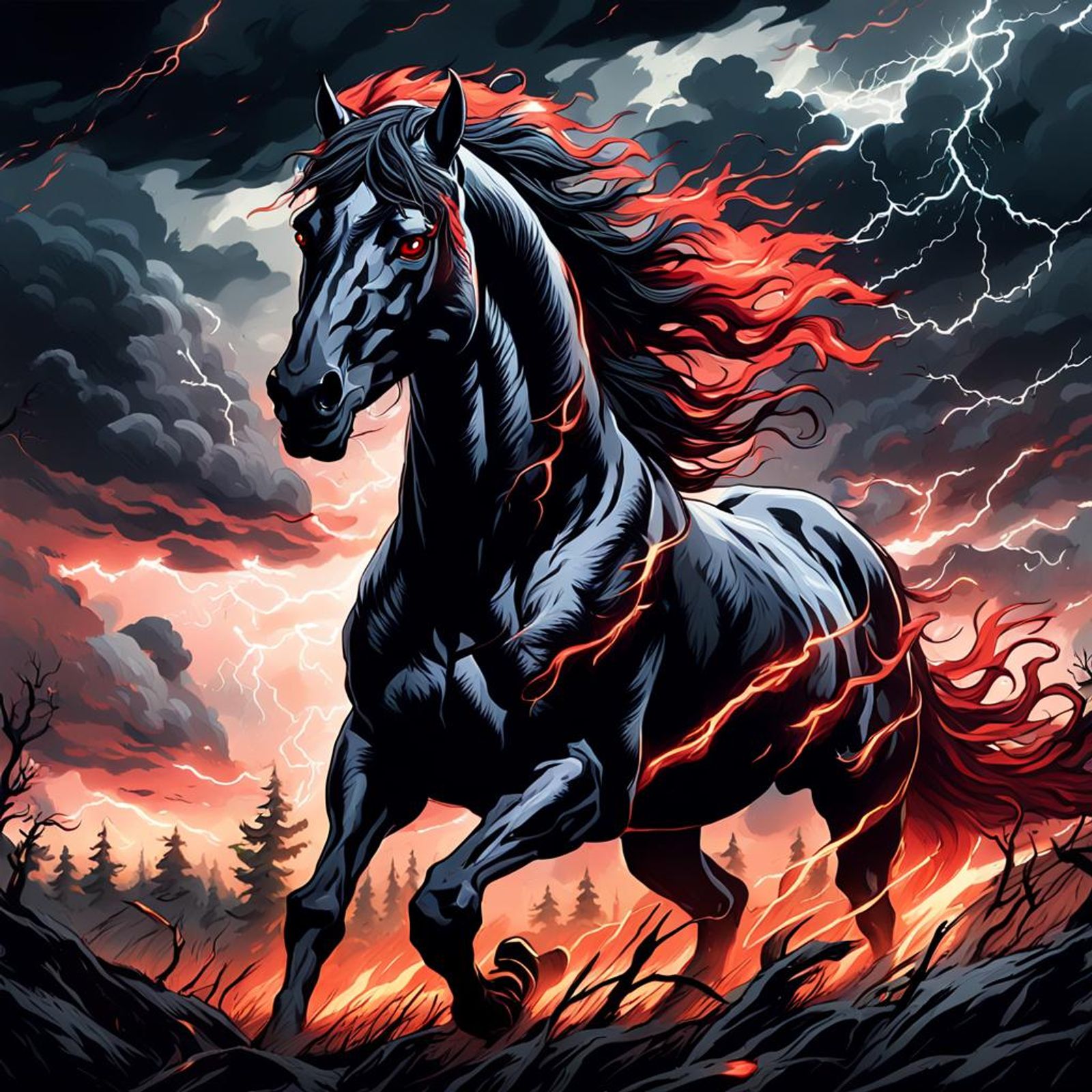 A pitchblack stallion with fiery red eyes gallops through a stormy