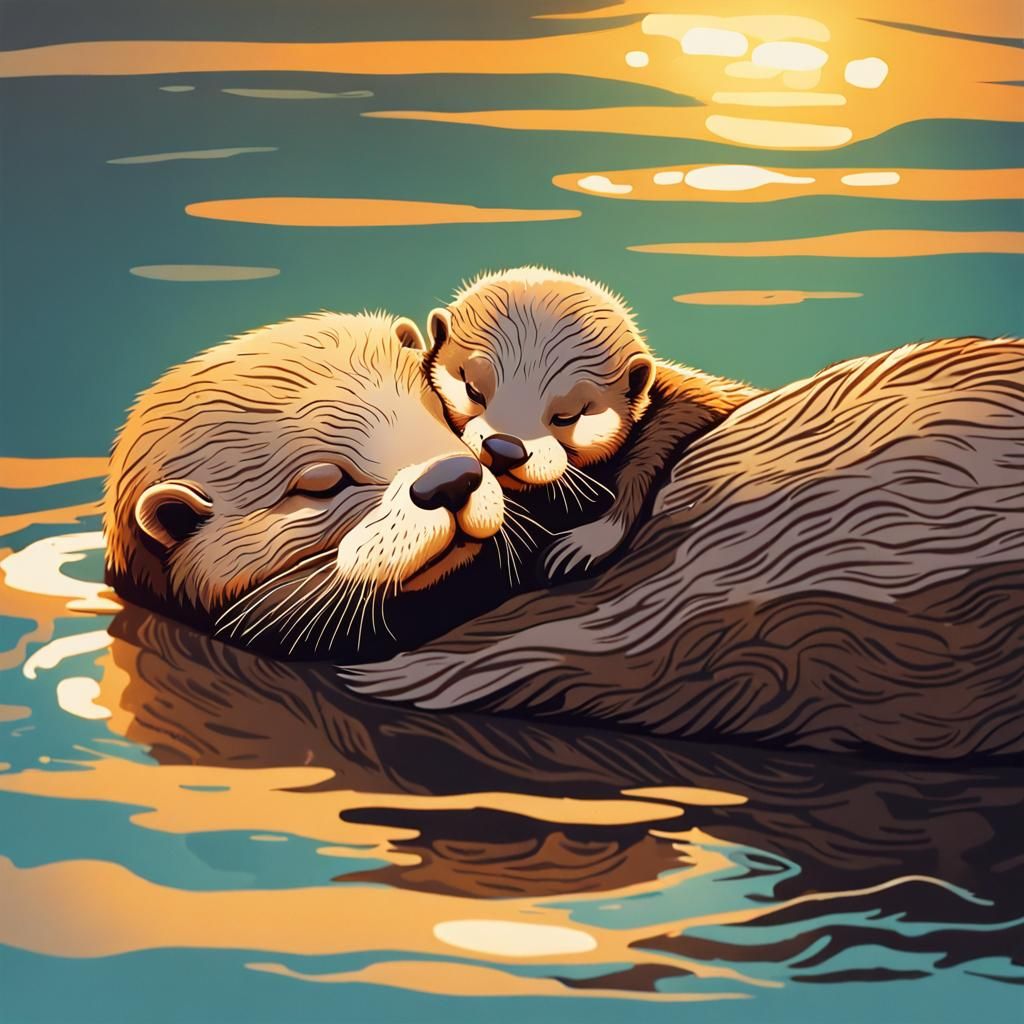 Cute otter asleep belly up with baby Sea otter asleep on top...