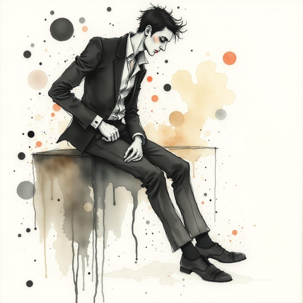 posing man in the style of <lora:Quirky People:1.0> at fashion show, emotional messy watercolor inkdrop 