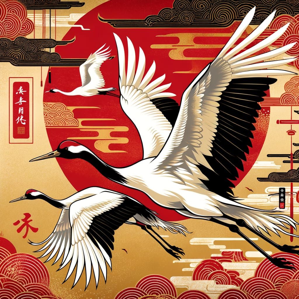 
Red-crowned cranes in flight, with a red and gold background featuring Chinese-style patterns. The image has high resolution and exquisite ...
