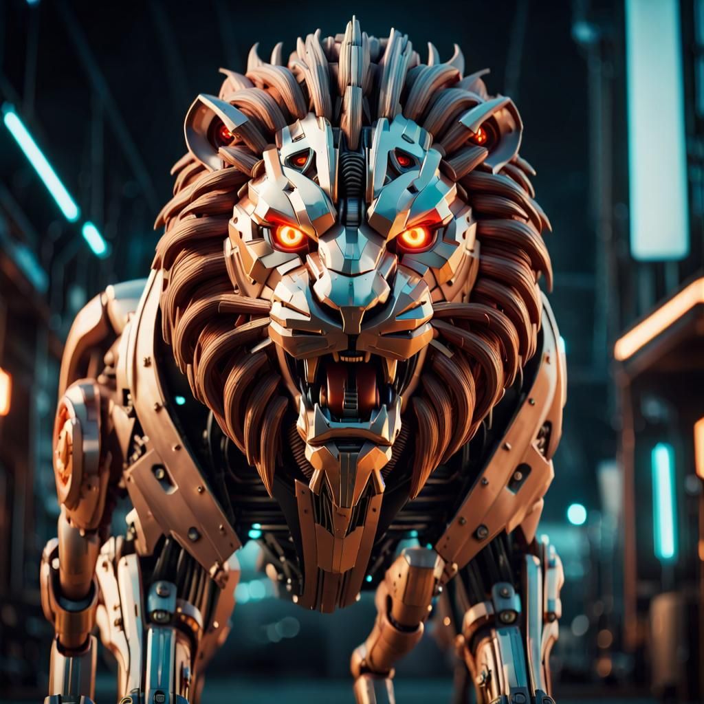 Mechanical lion roaring at camera, cybernetic body, front view ...