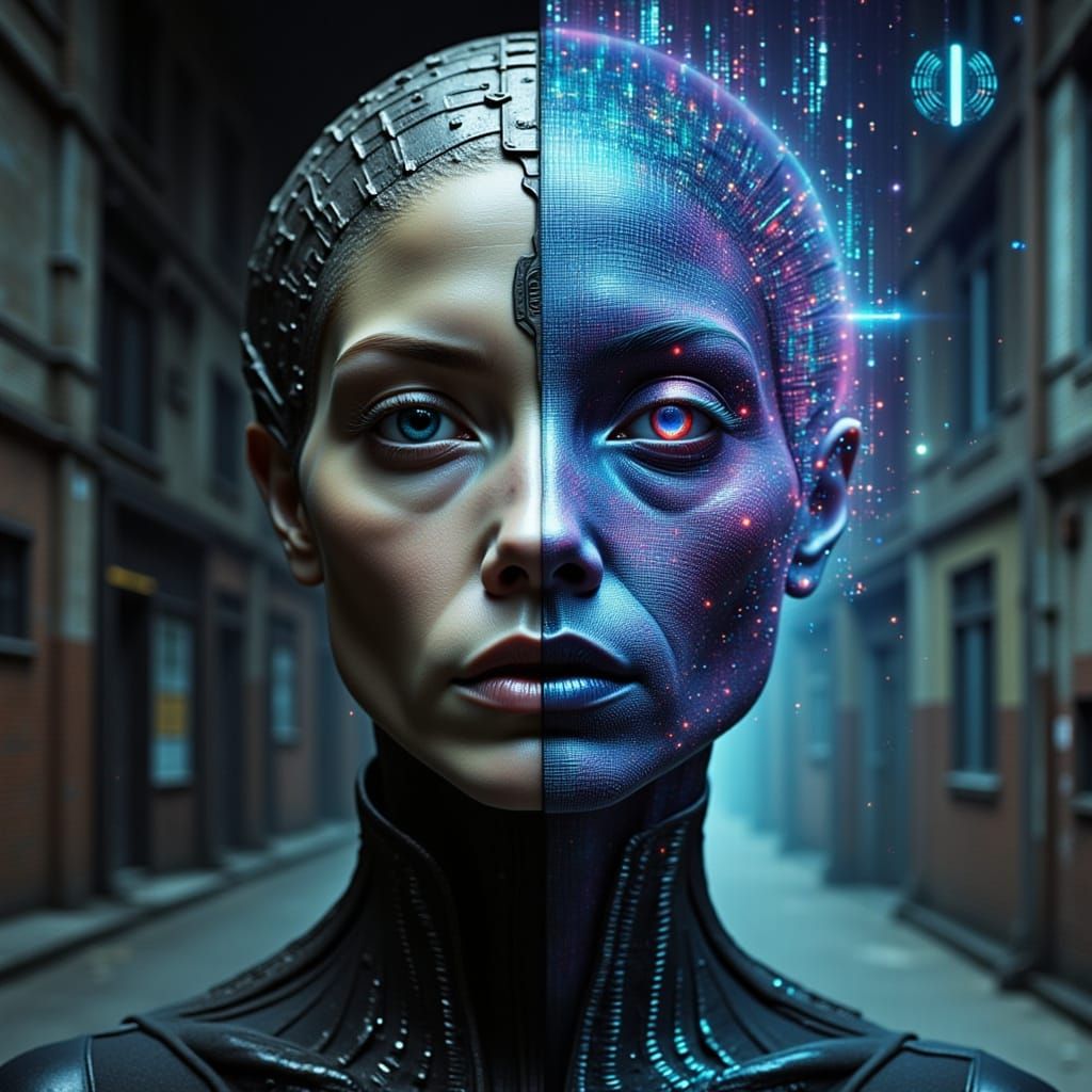 Woman's Face Split: Gritty Past Meets Digital Future