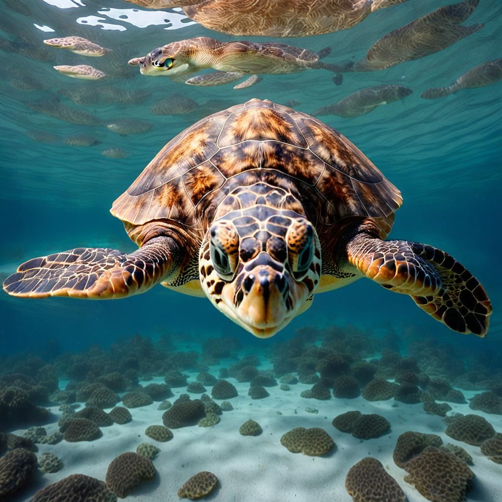 a sea turtle swimming directly towards the camera, almost as if it's floating in the space between the sea and the viewe...