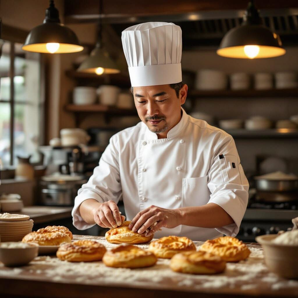 A Chinese man in 50s medium build wearing Chef uniform with Chef hat baking some pastries in a bakery 