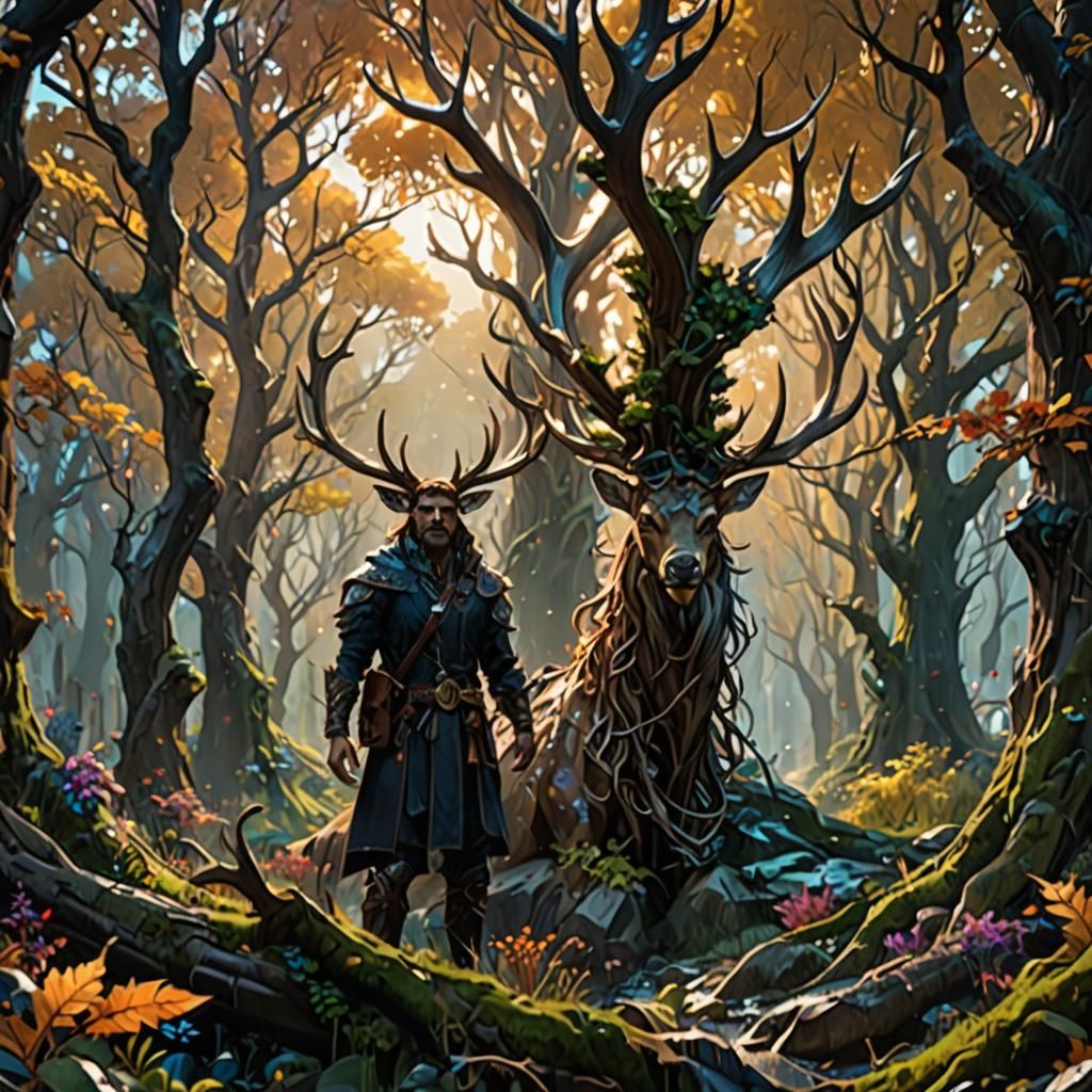 Fantasy scenes featuring antlered humans in mystical city