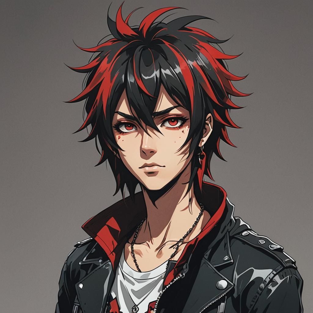 2000s androgynous rocker shaggy hair emo black and red