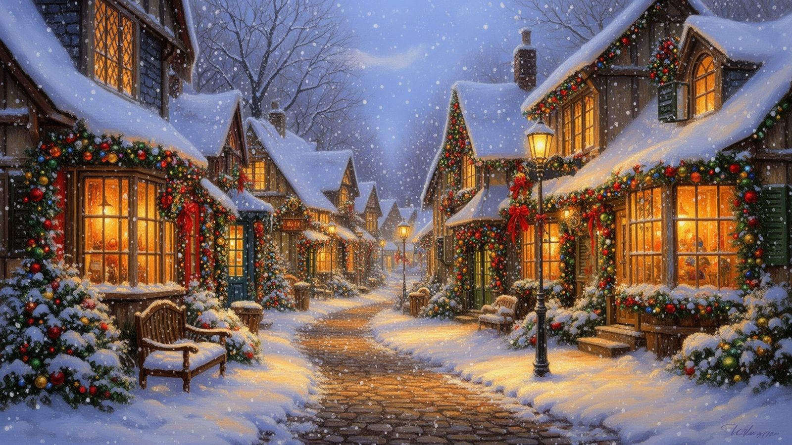 a cozy street where warm windows contrast with falling snow, christmas in the street  by @Aase